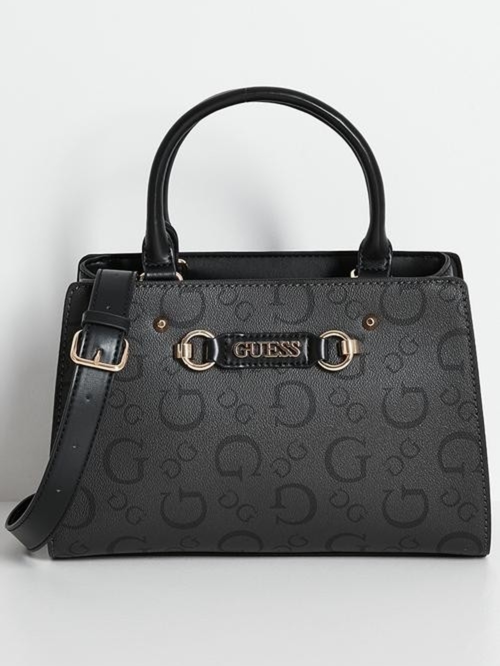 Guess Black Logo Satchel with Gold Accents